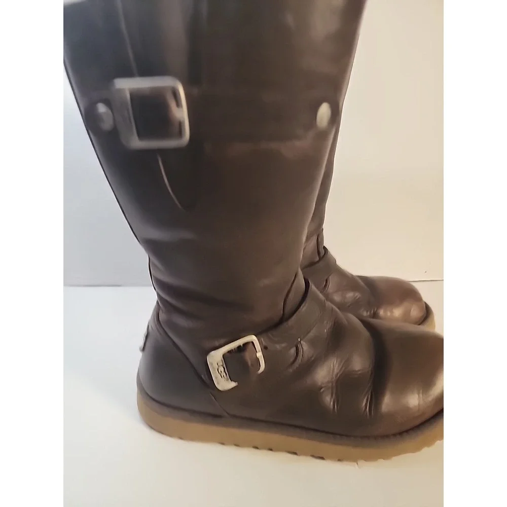 Ugg Kensington Size 4 Brown Distressed Leather‎ 1969 Sheepskin Youth Boot Zipper